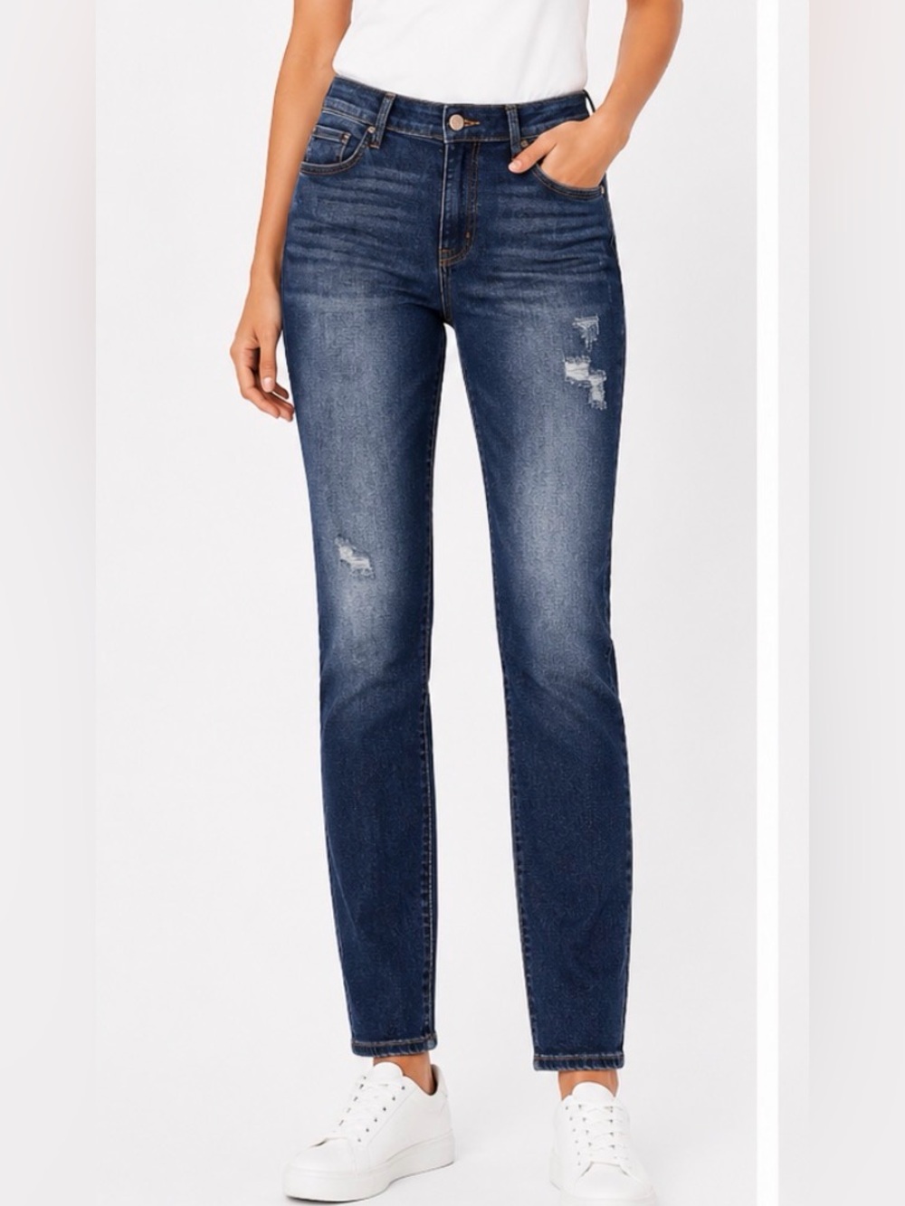 Judy Blue Women's Distressed Mid-Rise Slim Jeans in Dark Blue Size 15/32